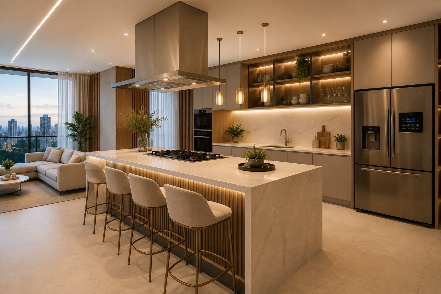 Cozinha moderna e integrada com ilha central