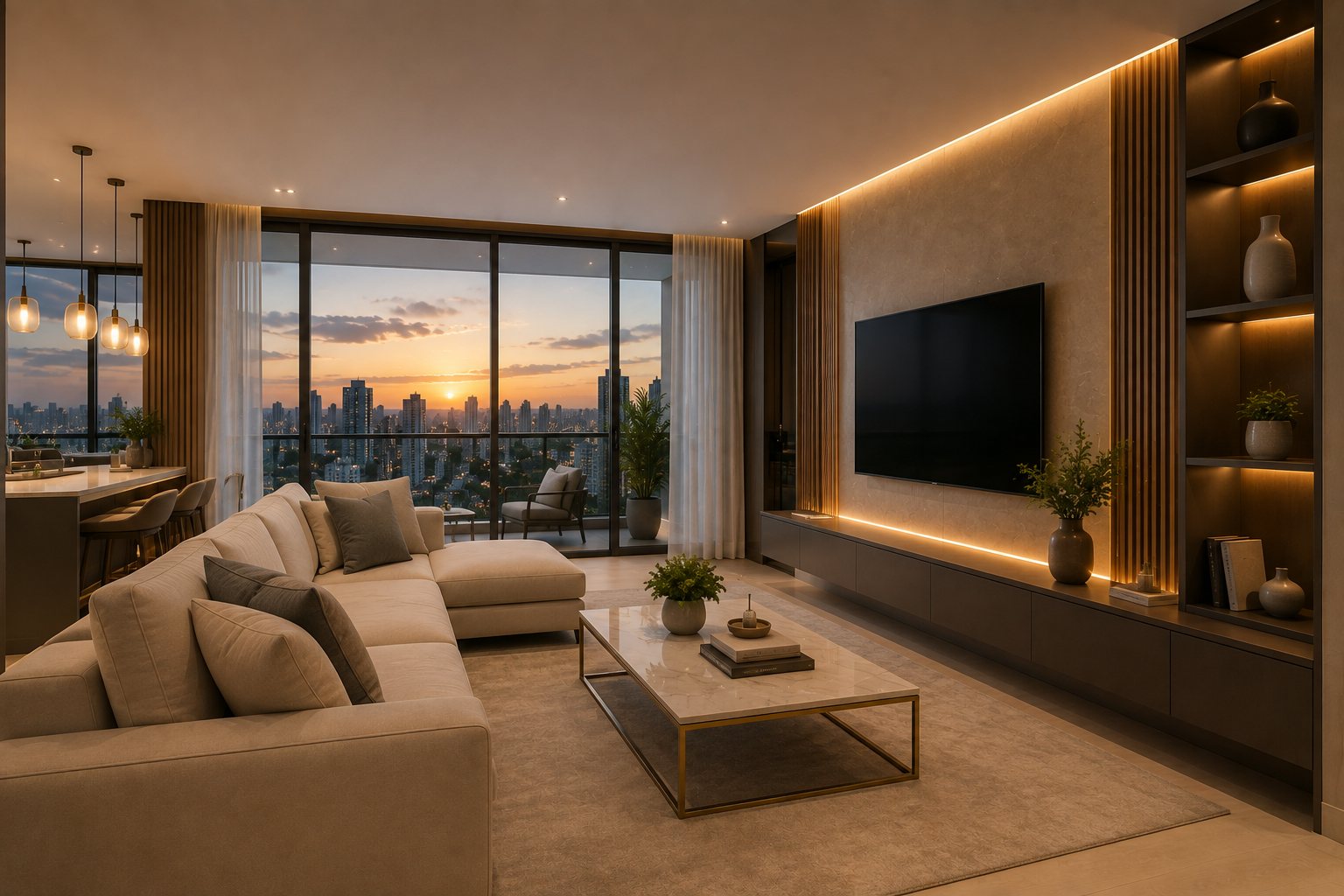 Sala de estar ampla e sofisticada com vista para a cidade