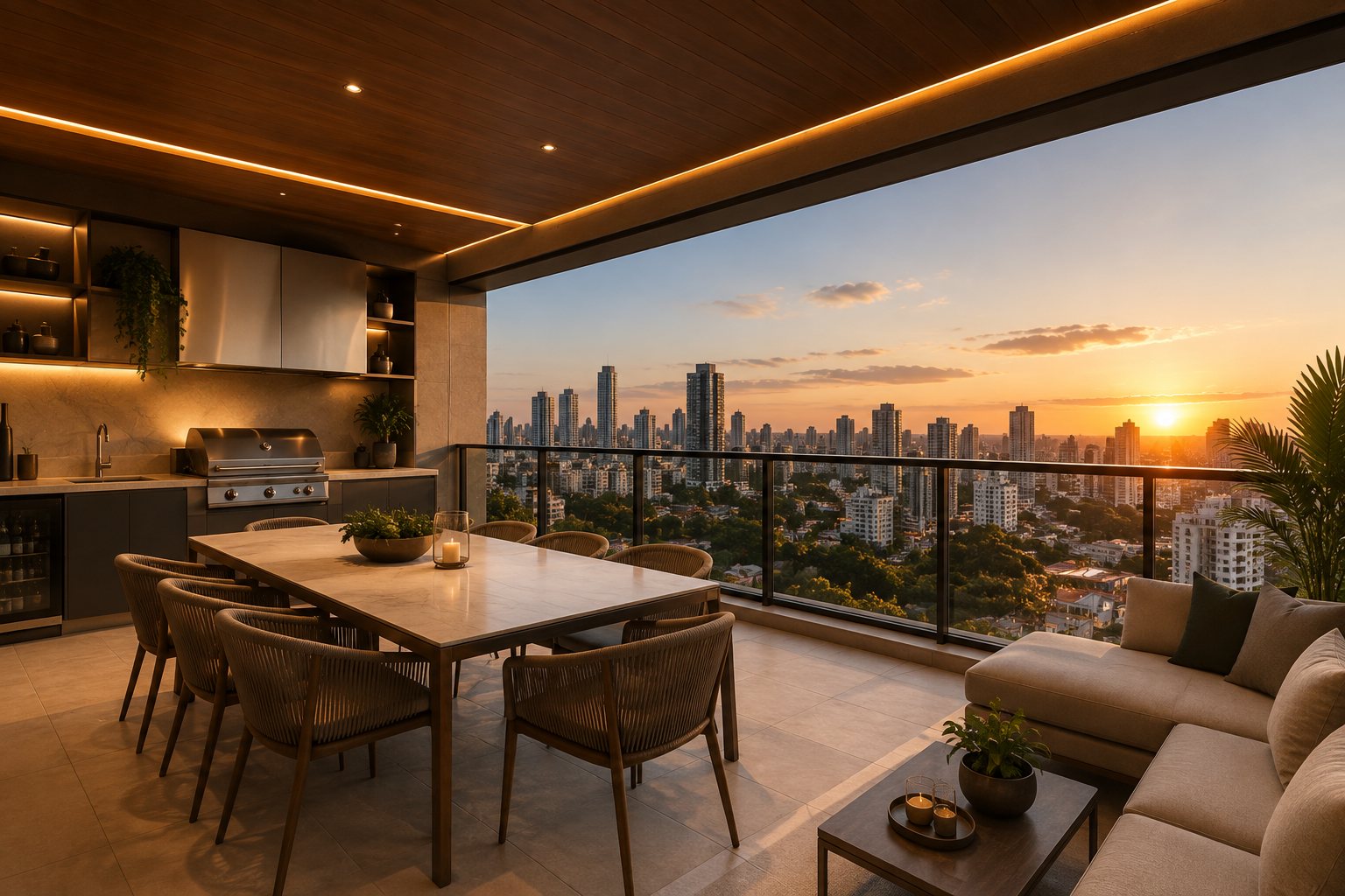 Varanda gourmet com vista para o pôr do sol